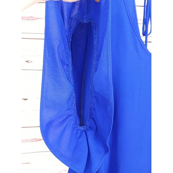 Boutique Flowing Blue Ruffled Kaftan Dress With V-Neck & Tie Back High Low - Picture 8 of 11